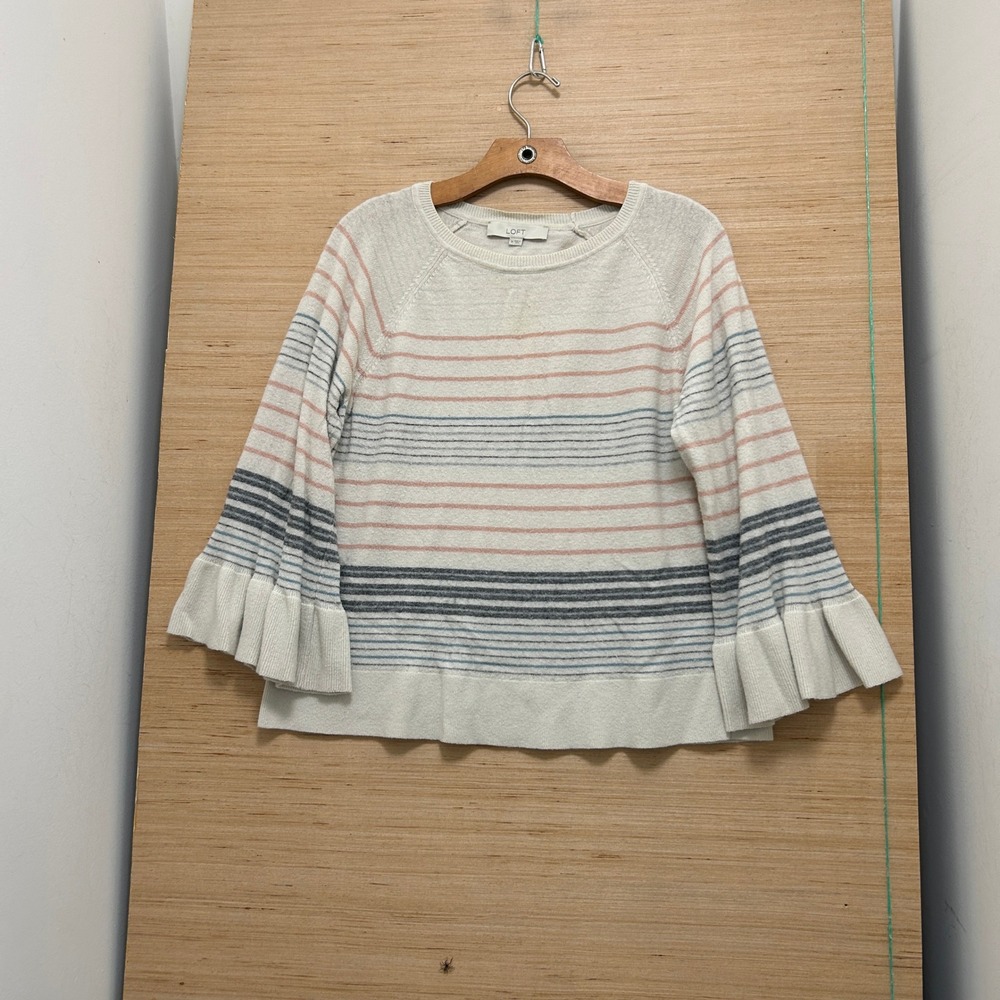 Loft Striped Bell Sleeve Pullover Sweater Cream Pink Blue Gray Size M 7608
